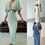 Women's green maxi dress with tie-front V-neck and cutout shoulders, asymmetrical hem