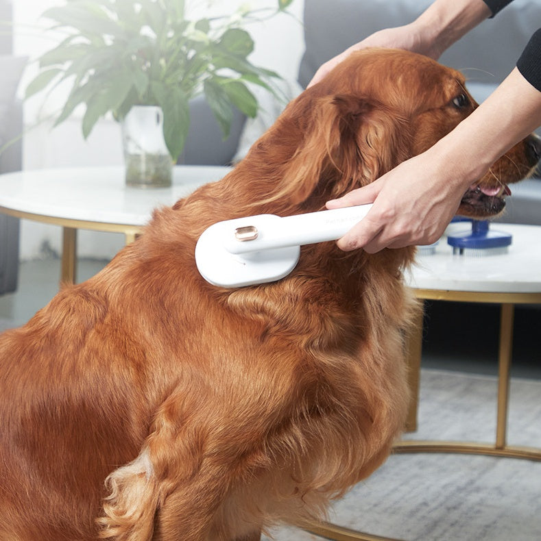 Pet grooming comb being used on a brown dog’s coat with rotating brush head