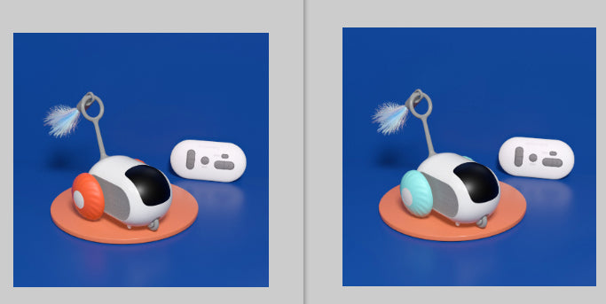 Interactive cat chase car toy set showing two color fronts with feather brush and white remote