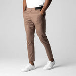 Khaki slim fit business suit pants with button waistband and straight tapered legs