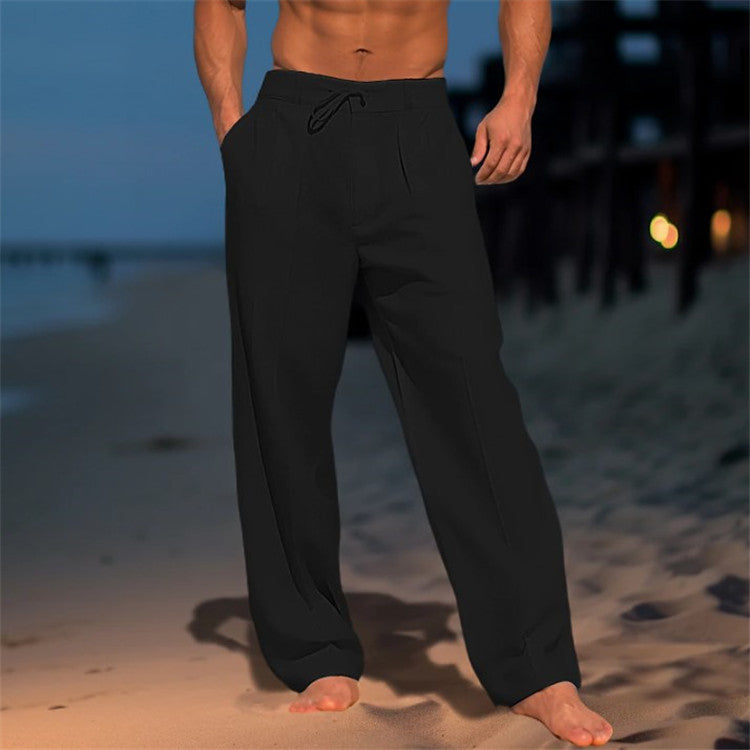 Black drawstring pocket wide-leg pants, men's cotton straight trousers