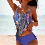 Split high-waist bikini set in blue floral print with purple bottoms