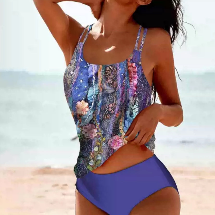 Split high-waist bikini set in blue floral print with purple bottoms