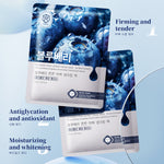 Blue blueberry facial sheet mask pouch with berry graphics and water droplets