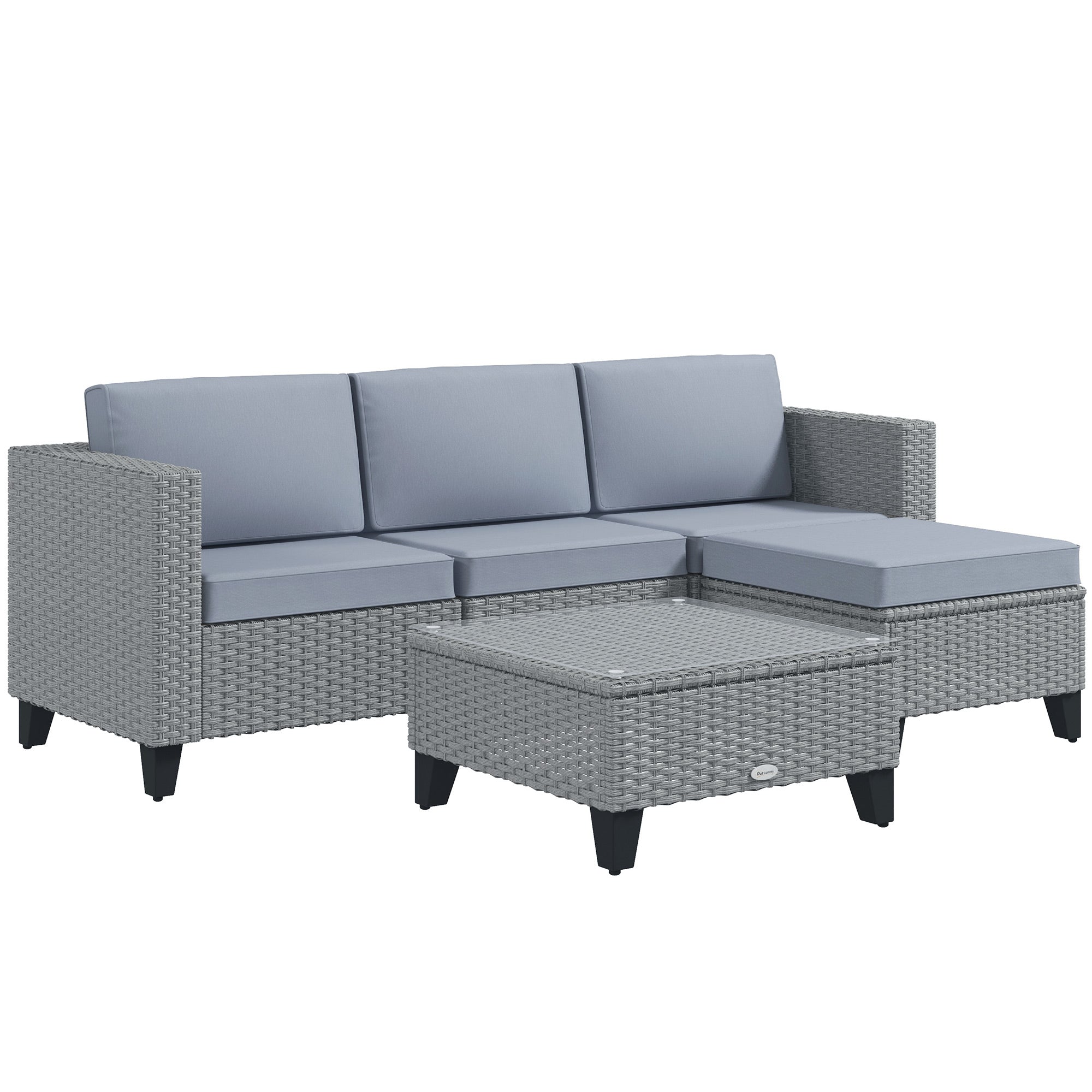 Juego de muebles de ratán de 5 piezas para patio con sofá esquinero, pufs, mesa de centro, para piscina, gris