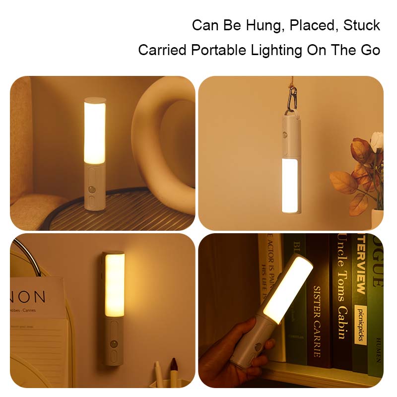 Portable LED night light with hanging loop and glowing panel, gray body