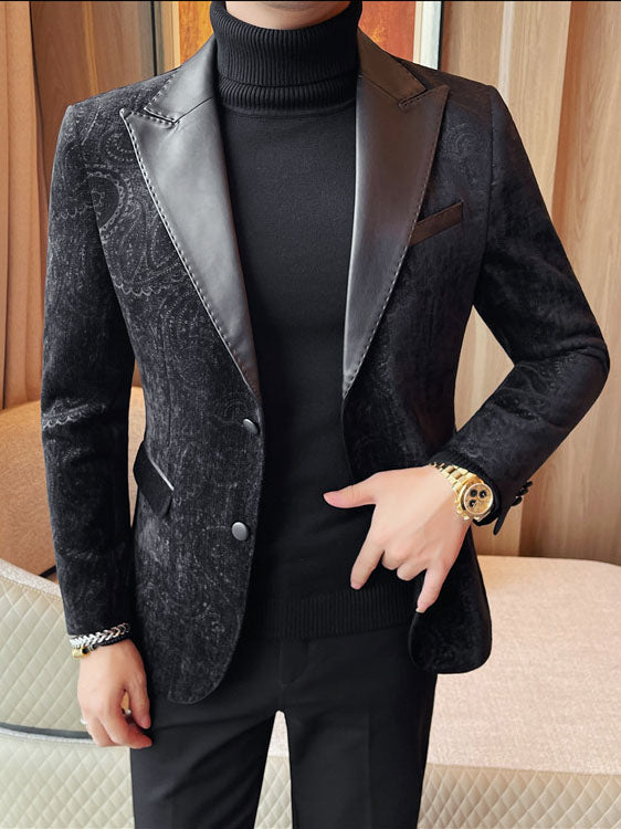 Luxurious Velvet Jacquard Leather Lapel Blazer for Men - Elevate Your Style