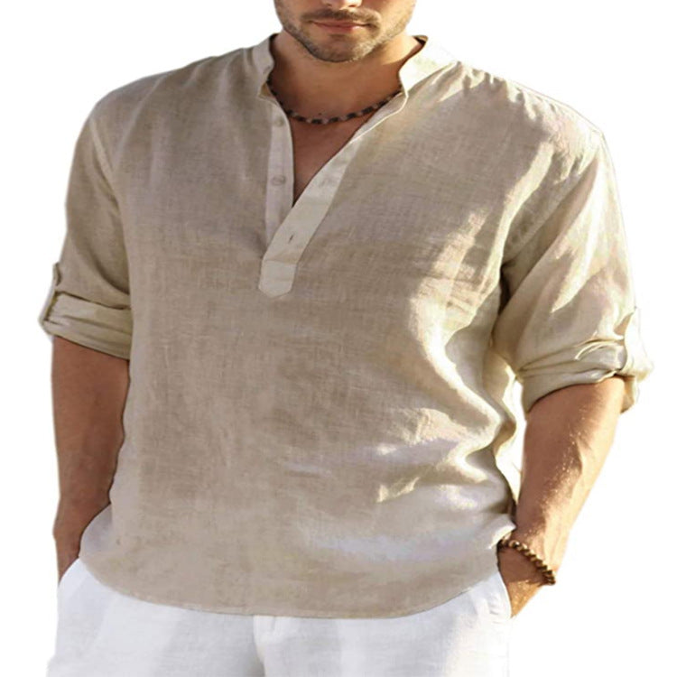 Men's cotton-linen long-sleeve shirt, tan stand collar with button placket