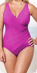 Purple sleeveless one-piece swimsuit with V-neck ruching and tummy-control shaping