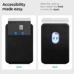 Black card holder with flip cover showing a card slot, textured fabric