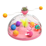 Interactive cat toy turntable with clear dome, pink base, yellow dangling balls and catnip spinners