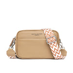 Beige small square leather crossbody bag with patterned strap, buckle detail, and zip top