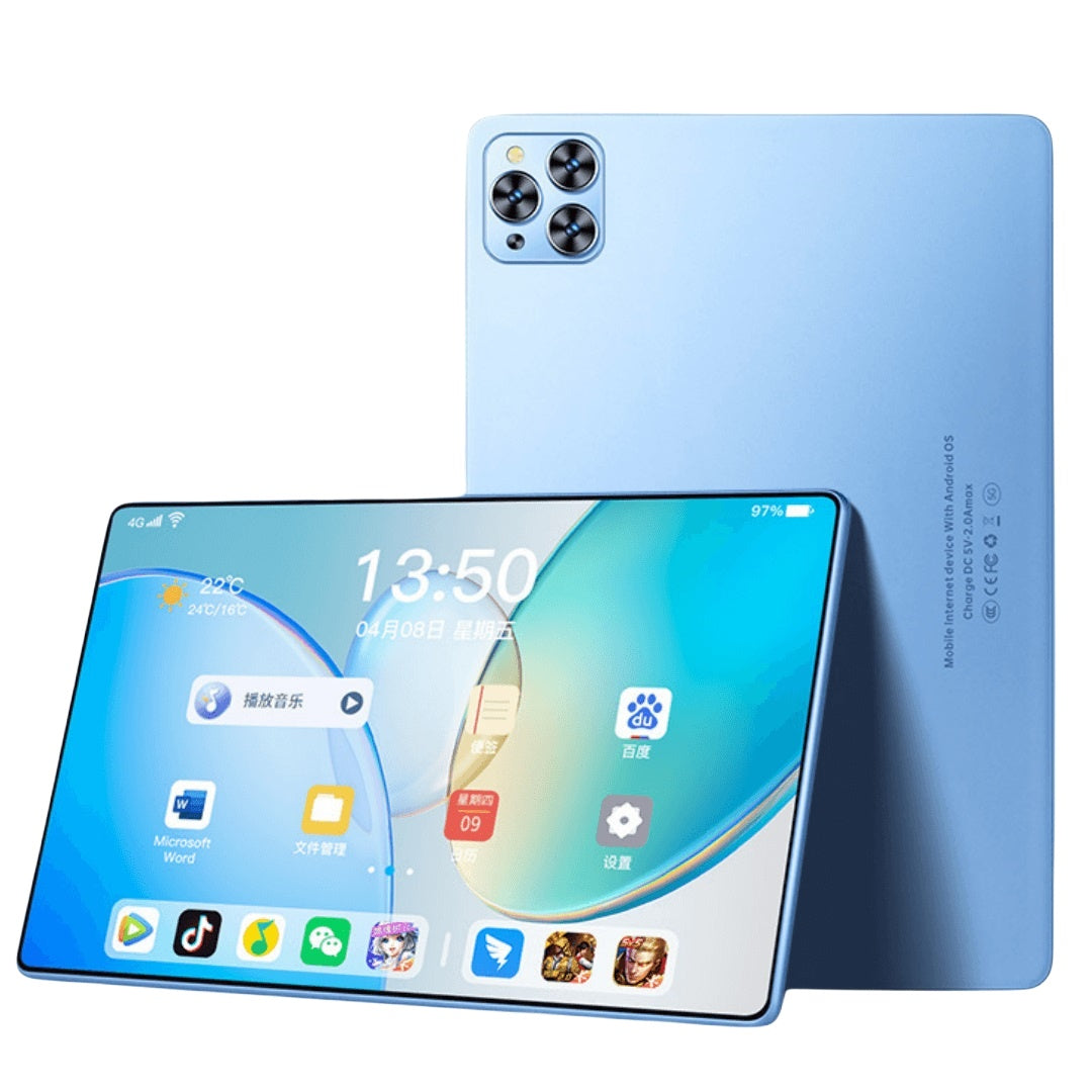 Light blue 10.1-inch tablet with triple rear cameras and app-filled touchscreen