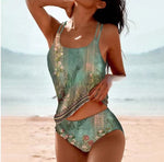 High-waist bikini swimsuit with green floral tank top and matching green solid bottoms