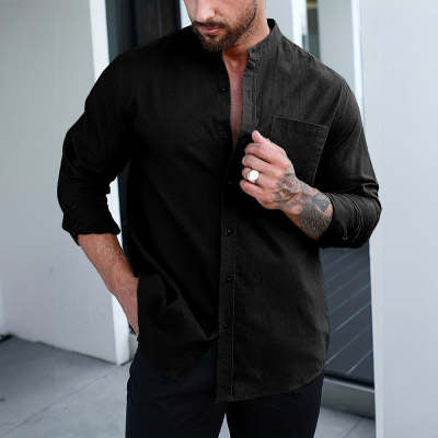 Long-sleeve button shirt and shorts set, dark black with chest pocket