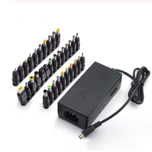 Universal power adapter with multiple DC tips, indicator lights, and power cord
