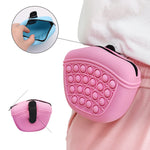 Pink silicone dog treat pouch with black strap; inset shows open zipper pocket