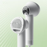 Dark gray and white pet grooming hair dryer with brush-style air comb head and controls