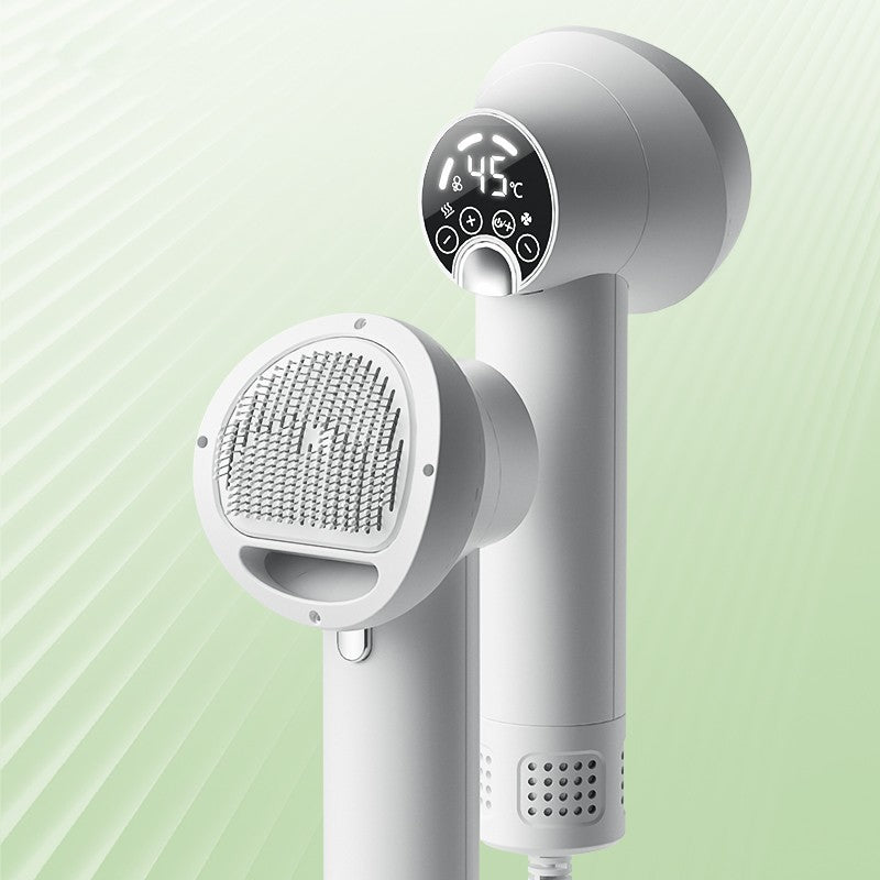 Dark gray and white pet grooming hair dryer with brush-style air comb head and controls