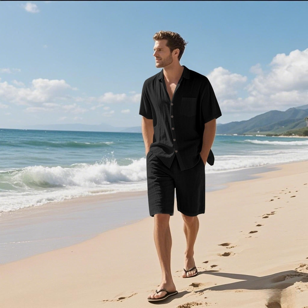 Black linen short-sleeve shirt and matching shorts set with open collar and pocket