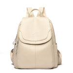Women's PU leather travel backpack with front flap and side zippers, beige