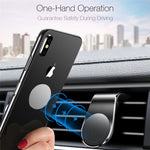 Car air vent phone holder with one-hand magnetic alignment, black metal mount
