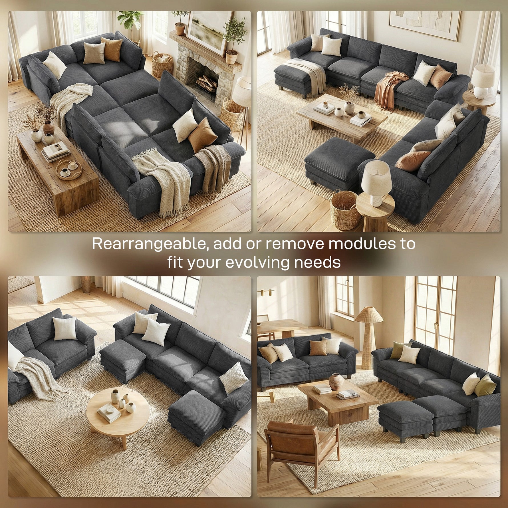 Sectional Sofa, L Shaped Couch with Deep Seat, Movable Ottoman and Pillow-top Armrests, Dark Gray