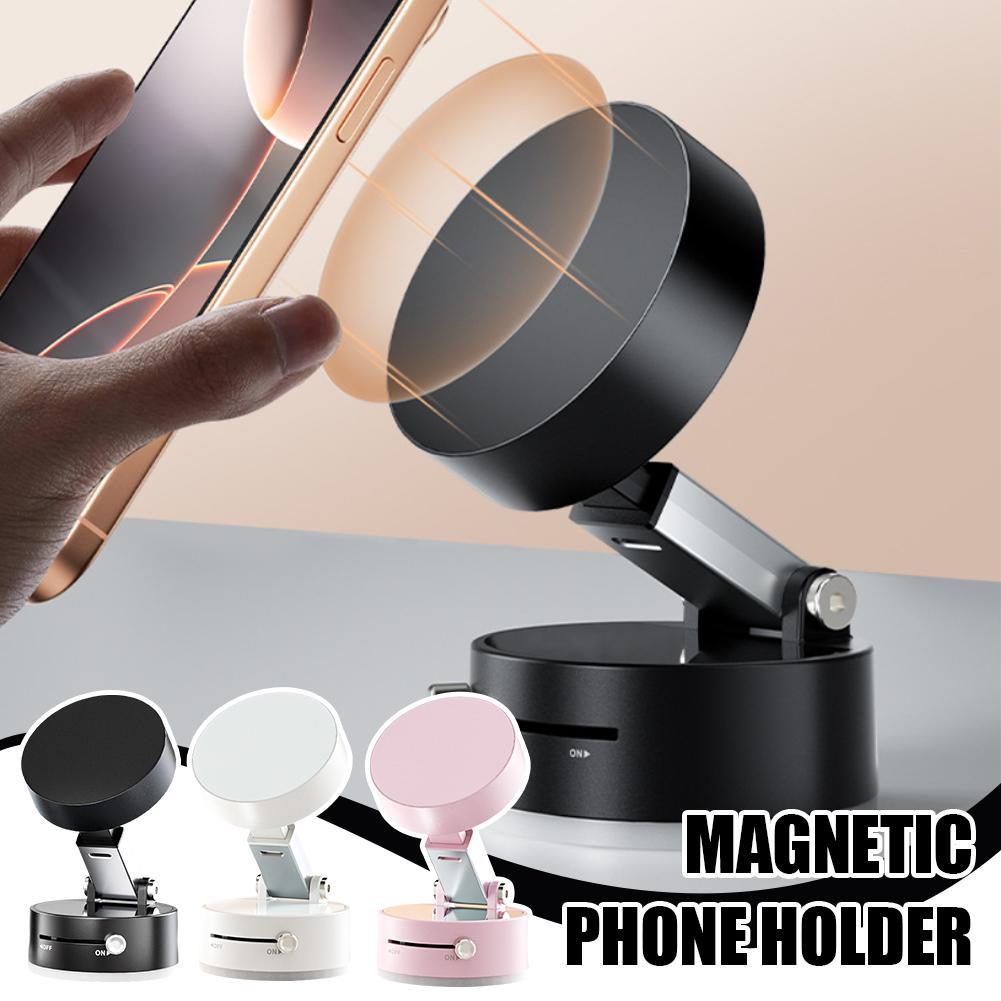 Magnetic car phone holder with foldable suction base and rotating circular mount