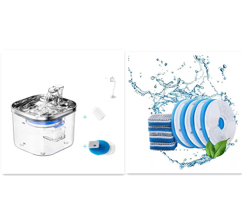 Automatic pet water fountain with filter cartridge, replacement foam, and small white insert