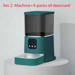 Teal smart pet feeder with clear container, control buttons, and feeding bowl