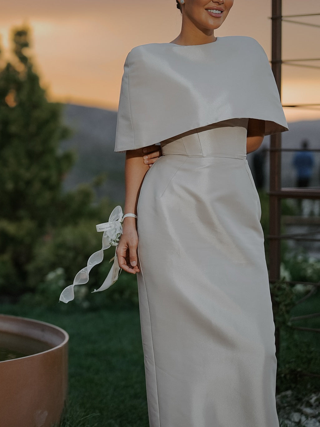 Satin cape-style top and fitted maxi dress set, short cape sleeves, light ivory