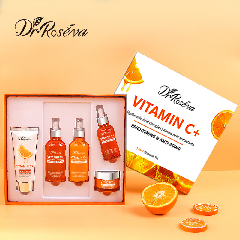 Vitamin C+ skincare kit gift box set with face cleanser tube, bottles, and cream jar