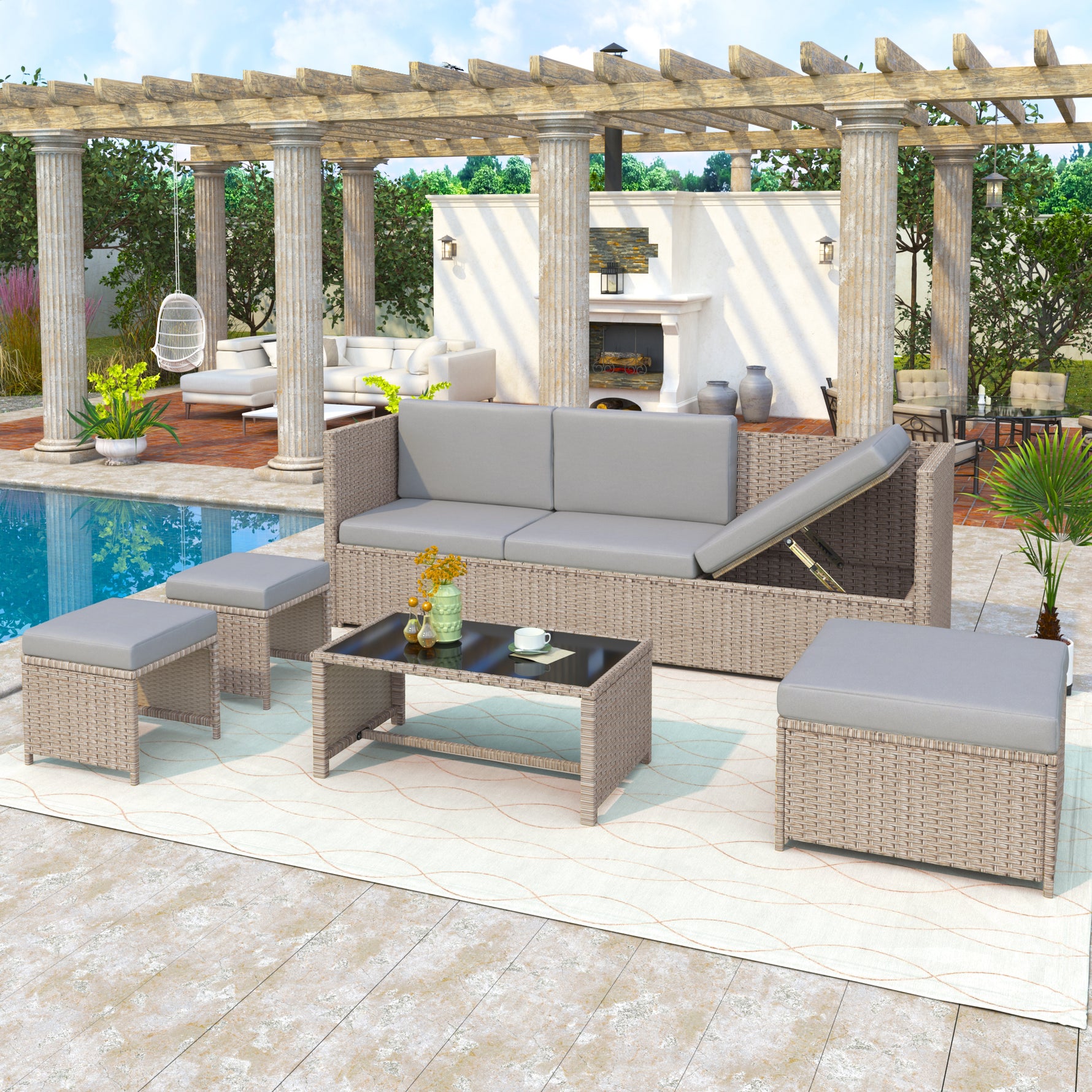 4-6 Seater Garden Lounge Set – Rattan Patio Furniture, Khaki