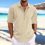 Men's loose pullover shirt, khaki, button-front V-neck, rolled sleeves