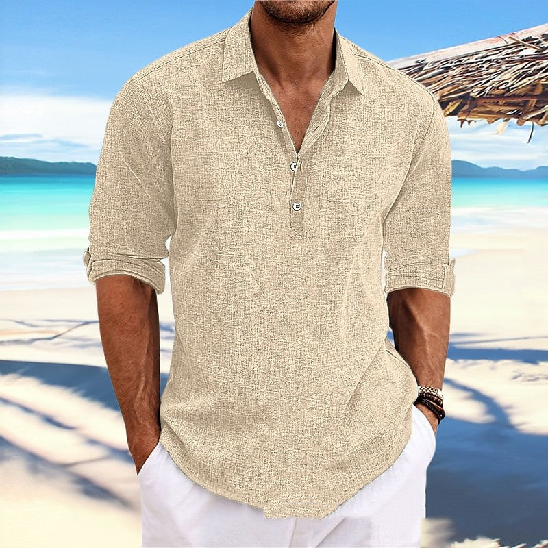 Men's loose pullover shirt, khaki, button-front V-neck, rolled sleeves
