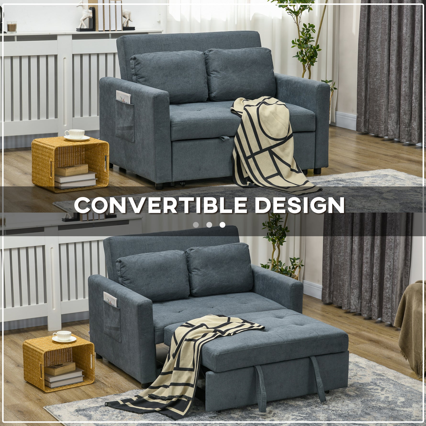 Loveseat Sofa Bed – Click-Clack Convertible Settee, Charcoal Grey