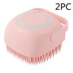 Pink silicone pet bath massage brush with round pad and short rubber bristles, 2 pack