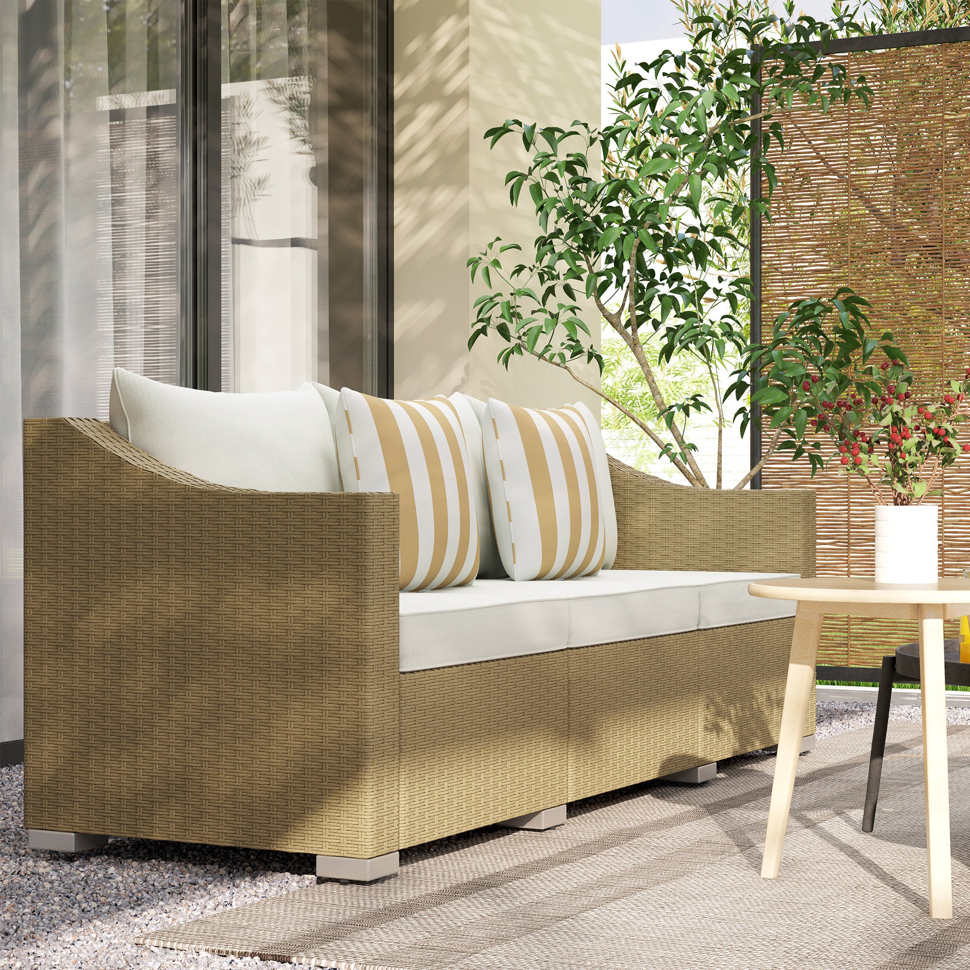 Sofá de patio de 3 plazas de mimbre de ratán con cojines, 2 almohadas decorativas, sofá de ratán para exteriores, blanco crema