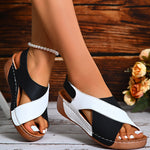 Two-tone black and white wedge platform sandals, open toe, hook-and-loop strap