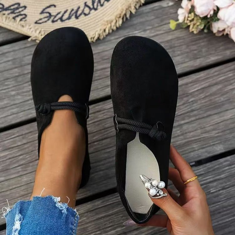 Black suede round-toe flat lace-up shoes with pearl-embellished side detail