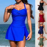 Blue split swimsuit skirt with ruched bodice and V-neck, sleeveless halter straps