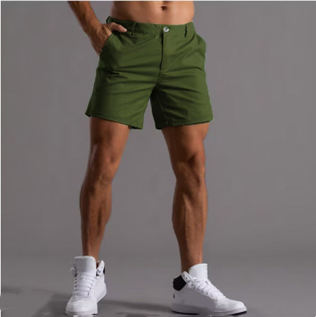 Men's green cotton shorts with button front and side pockets