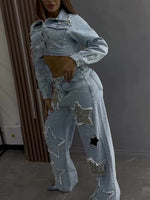 Denim Star Chic Diamond-Embellished Long Sleeve Jacket & Jeans Set
