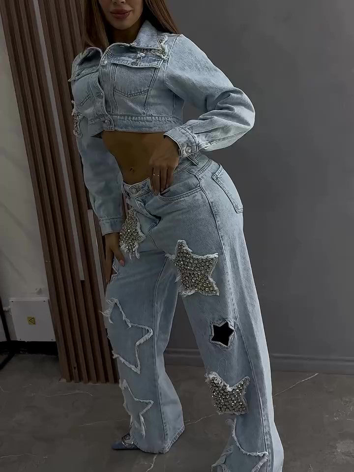 Denim Star Chic Diamond-Embellished Long Sleeve Jacket & Jeans Set