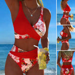 Red solid and floral wrap bikini set with high-waist bottoms