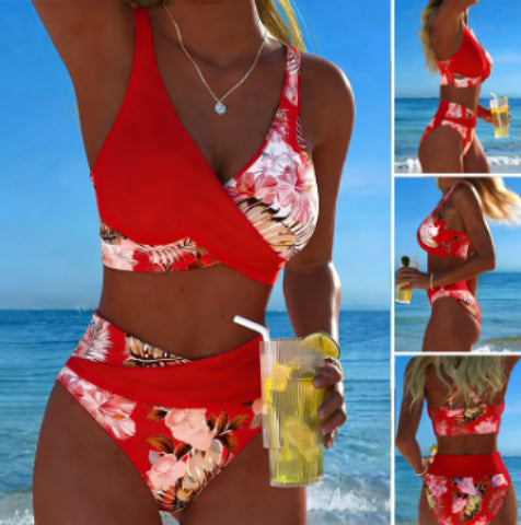 Red solid and floral wrap bikini set with high-waist bottoms