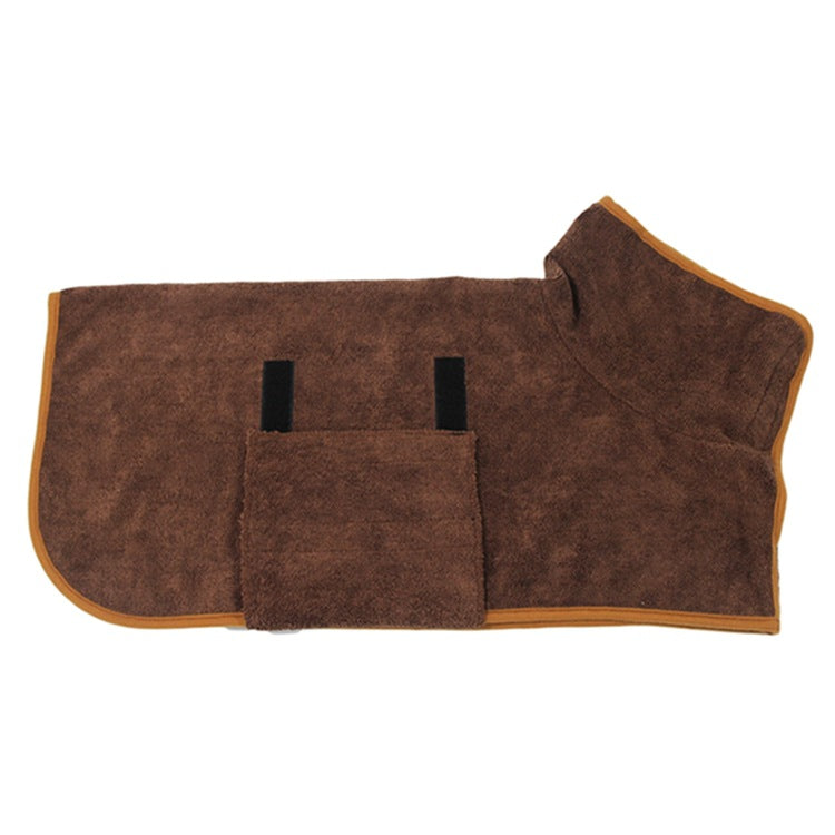Brown microfiber dog bathrobe waist wrap with orange edge and hook-and-loop tabs