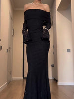 Black Off-Shoulder Long-Sleeve Lace Maxi Dress – Slim Fit