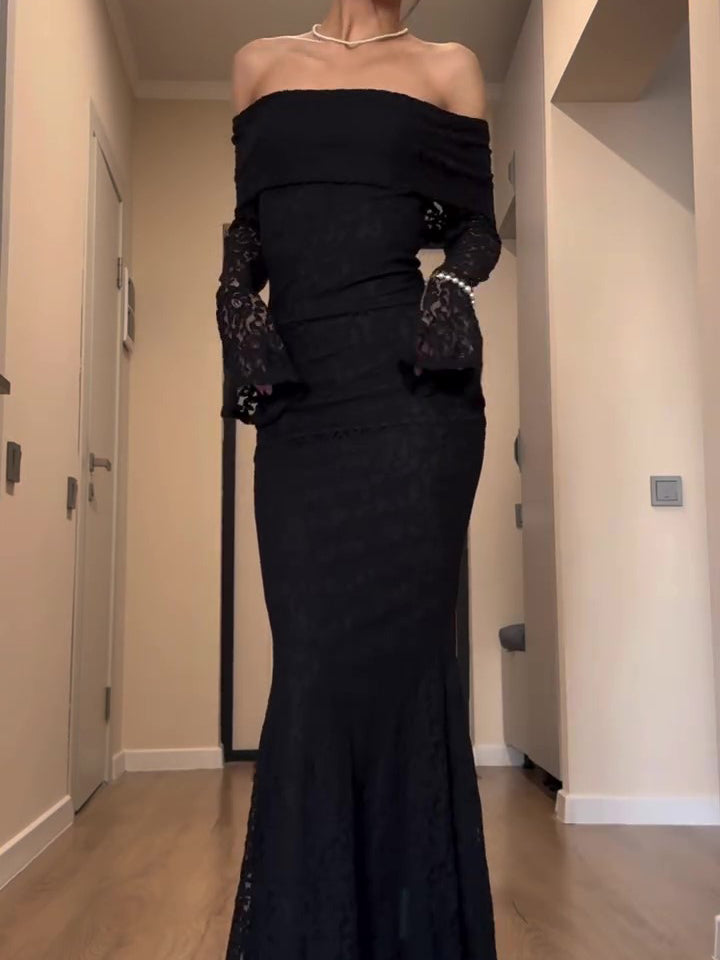Black Off-Shoulder Long-Sleeve Lace Maxi Dress – Slim Fit