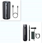 Portable car vacuum cleaner, black handheld cylinder with extendable nozzle and accessory set